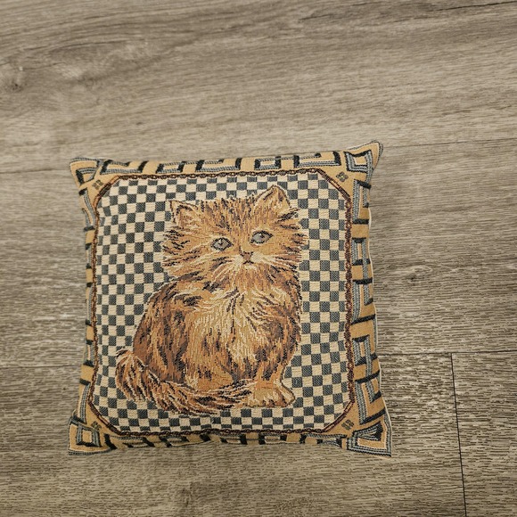 Other - vintage woven tapestry throw pillow orange tabby cat checkered geometric decor